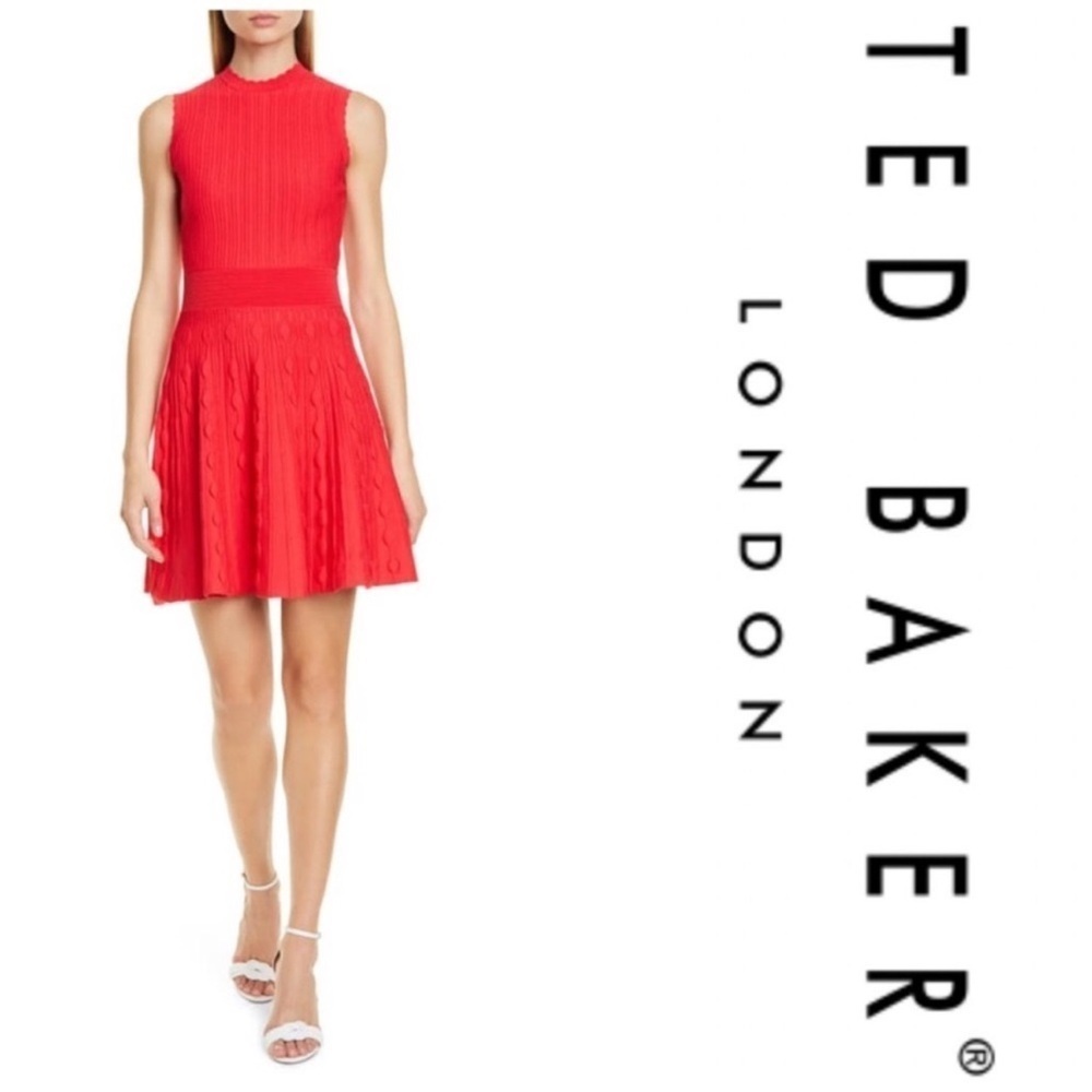 Ted Baker Kamylia Scalloped Knit Skater Dress Bright Red Sz 4